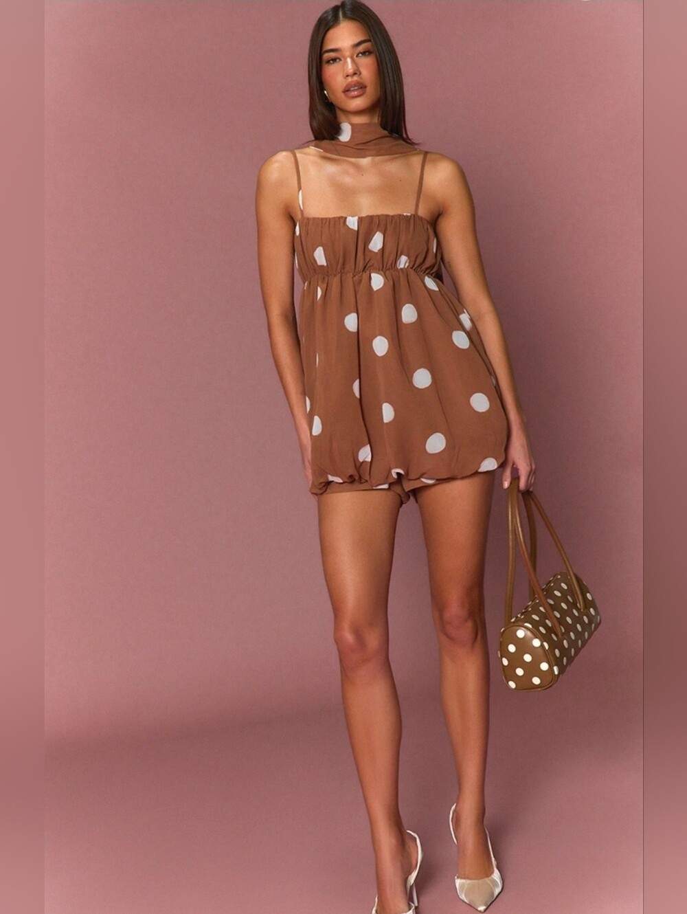 Polka Dot Brown Bubble Romper